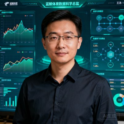 蓝鲸体育数据科学总监王浩,机器学习专家,背景为数据模型可视化界面。