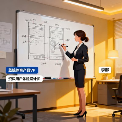 蓝鲸体育产品VP李娜,资深用户体验设计师,正在白板上绘制产品原型图。