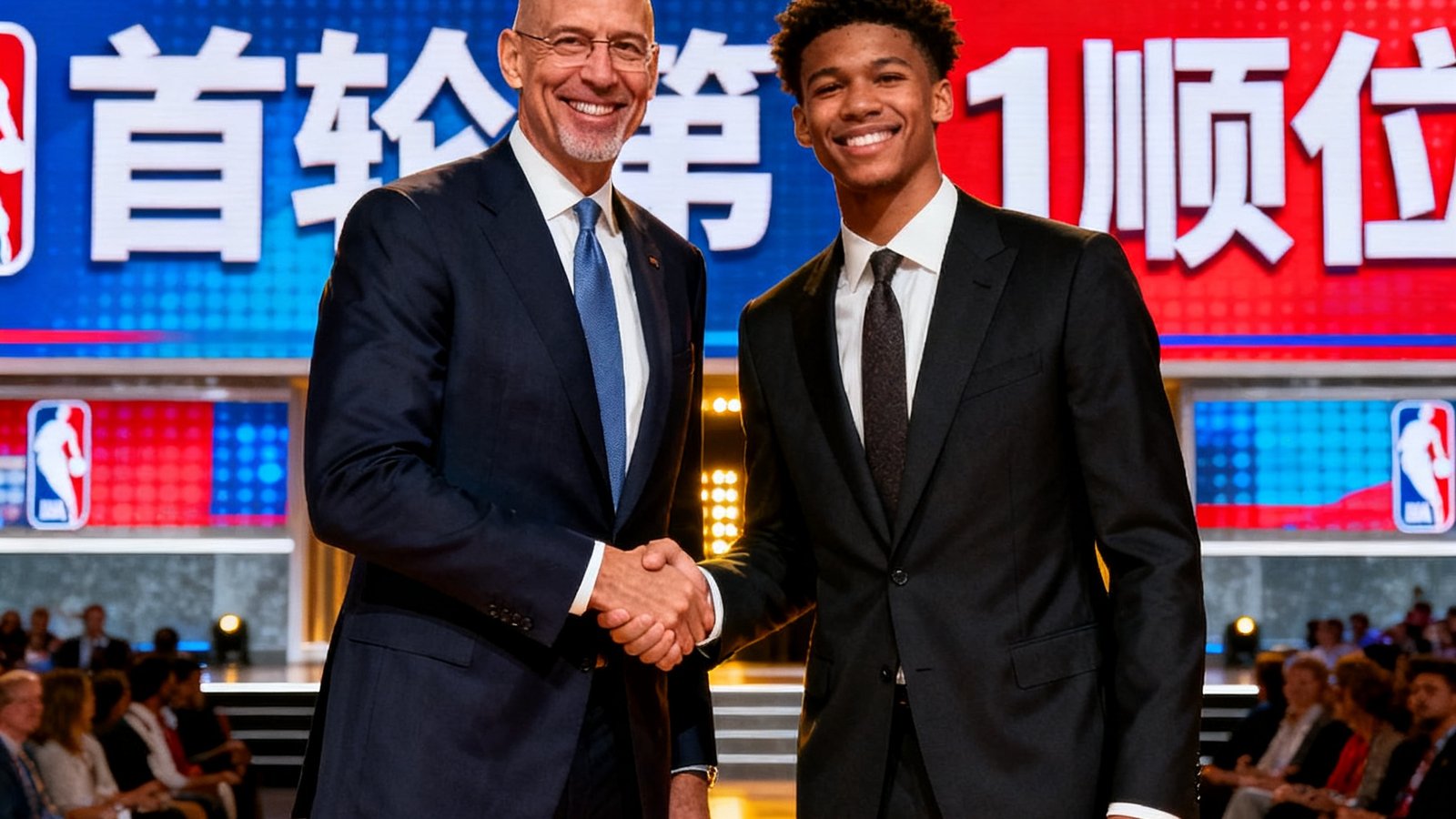 NBA选秀大会报道配图，新科状元在选秀舞台上与NBA总裁握手合影，背景大屏幕显示选秀顺位信息。